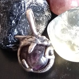 Sterling Silver Boho Mystical Pendant -tumbled amethyst w linked mermaid dolphin